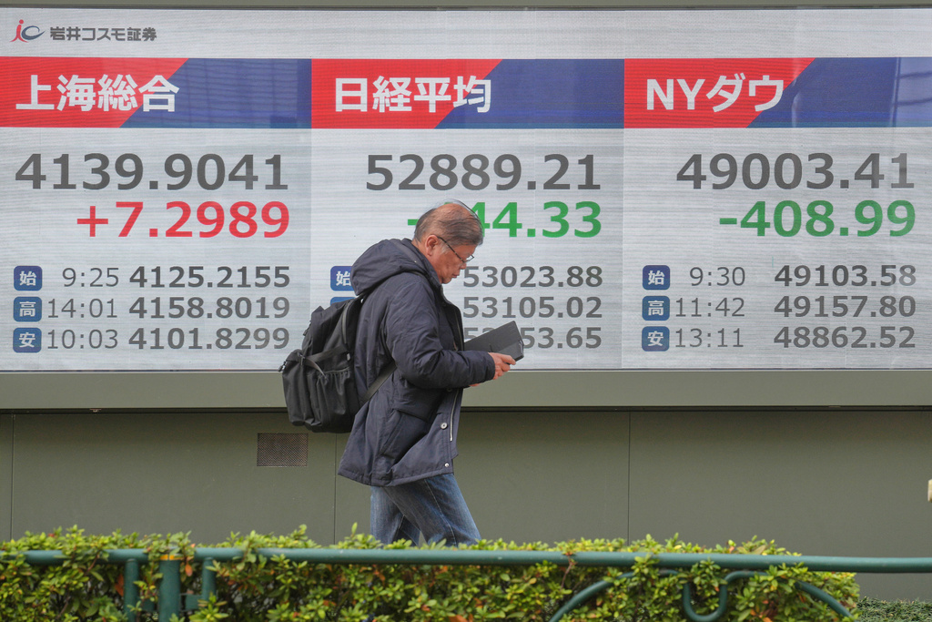 A person walks in front of an electronic stock board showing Shanghai, Nikkei and New York Dow indexes at a securities firm Wednesday, Jan. 28, 2026, in Tokyo. (AP Photo/Eugene Hoshiko)