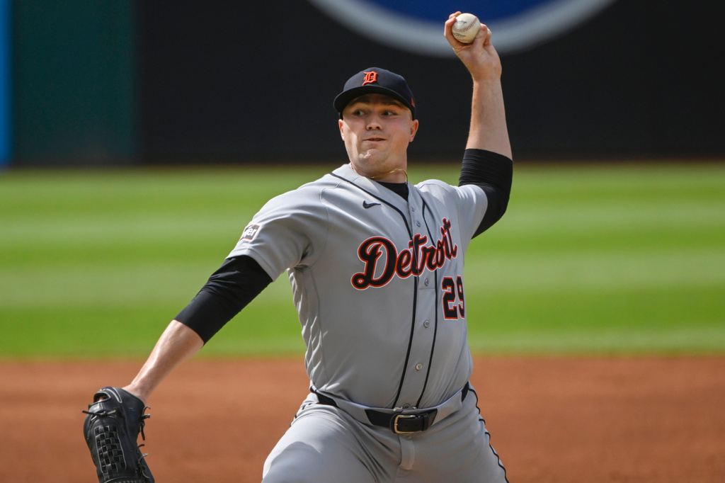 Detroit Tigers starting pitcher Tarik Skubal delivers against the Cleveland Guardians during the first inning of a baseball game, Saturday, June 13, 2026, in Cleveland. (AP Photo/Phil Long)