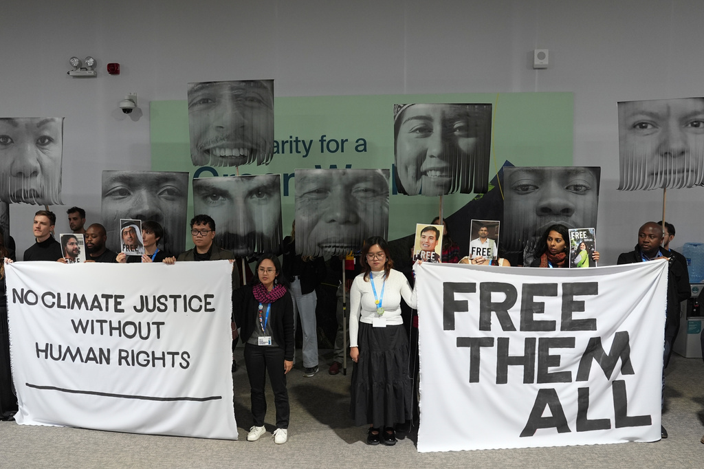 FILE - Demonstrators hold signs with images of environmental defenders during the COP29 U.N. Climate Summit, Nov. 20, 2024, in Baku, Azerbaijan. (AP Photo/Joshua A. Bickel, File)