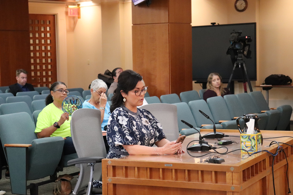 Rachel Benavidez, who alleges she was sexually abused by Jeffery Epstein at his New Mexico ranch, testifies to the state legislature's truth commission at the state capitol in Santa Fe, N.M. on Wednesday, Aug. 5, 2026. (AP Photo/Savannah Peters)
