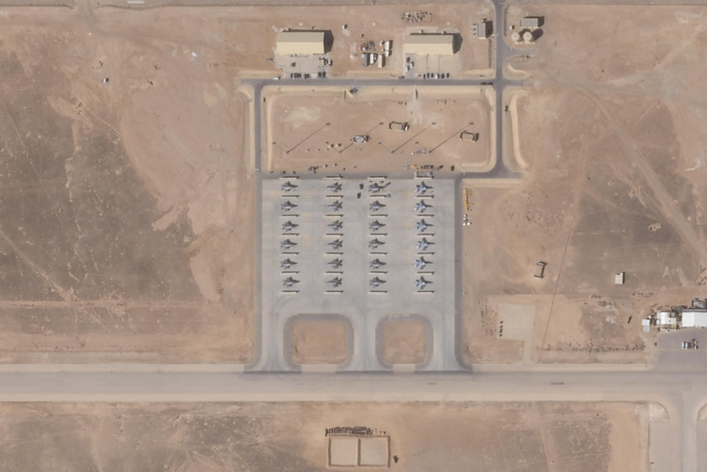 This satellite image from Planet Labs PBC shows aircraft at Muwaffaq Salti Air Base in Jordan on Saturday, Feb. 21, 2026. (Planet Labs PBC via AP)