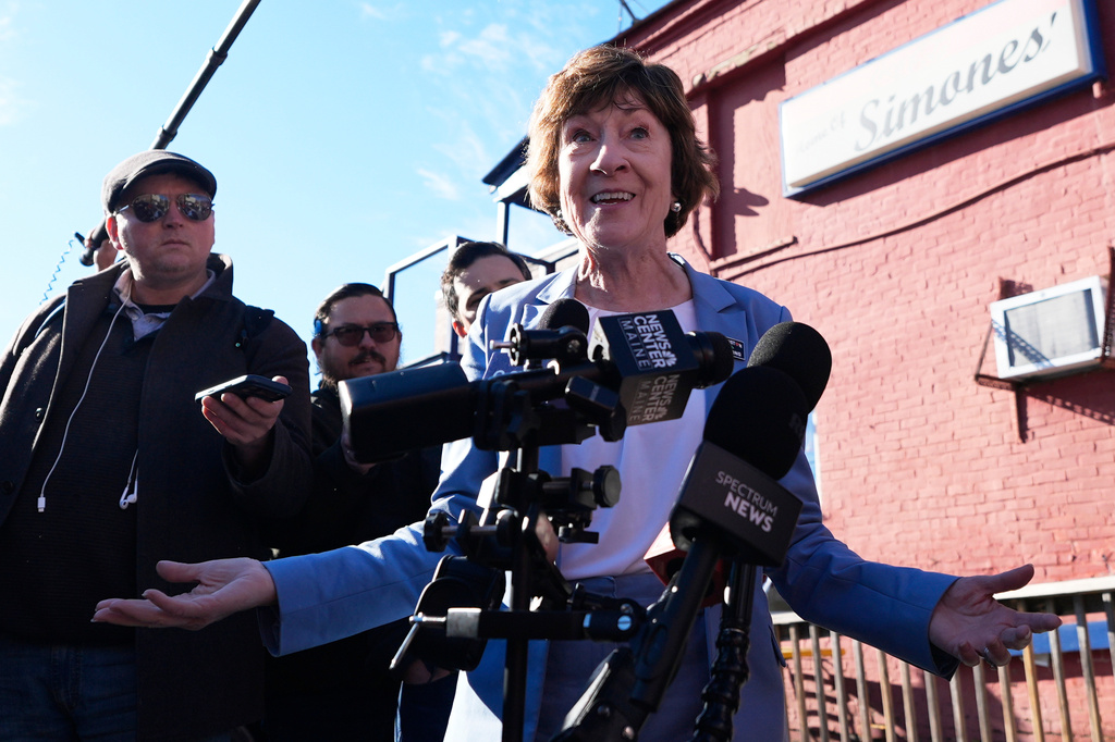 Sen. Susan Collins speaks to reporters following a campaign stop Wednesday, Oct. 21, 2026, in Lewiston, Maine. (AP Photo/Robert F. Bukaty)