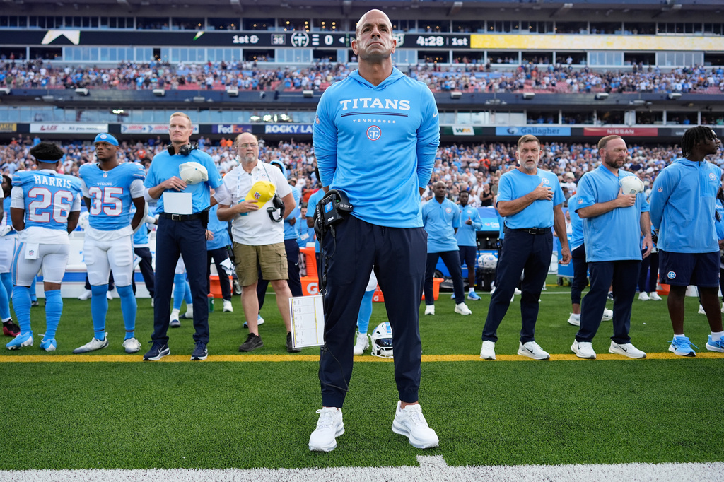 Tennessee Titans head coach Robert Saleh looks on prior to a preseason NFL football game against the Chicago Bears, Saturday, Aug. 29, 2026, in Nashville, Tenn. (AP Photo/George Walker IV)