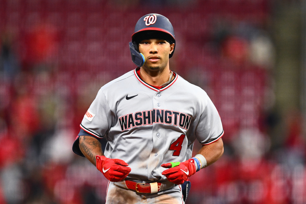 Washington Nationals' Daylen Lile runs the bases after hitting a two-run home run during the tenth inning of a baseball game against the Cincinnati Reds in Cincinnati, Wednesday, May 13, 2026. (AP Photo/Ben Jackson)