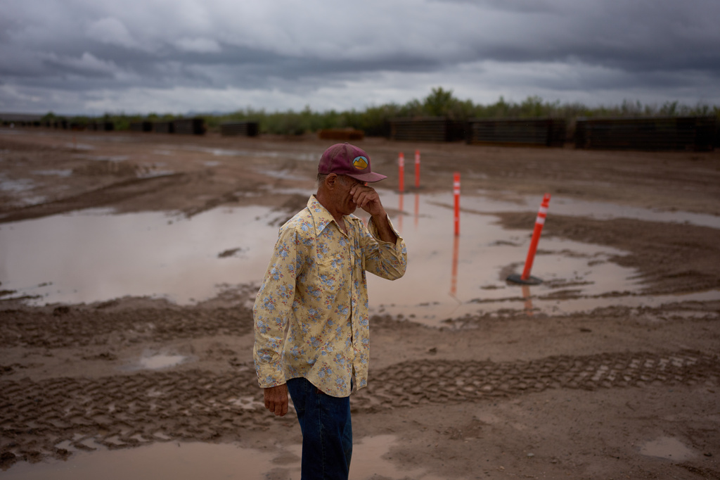 Bill Addington reacts as he visits a border wall construction area near his property, Wednesday, Sept. 23, 2026, near Sierra Blanca, Texas. (AP Photo/John Locher)