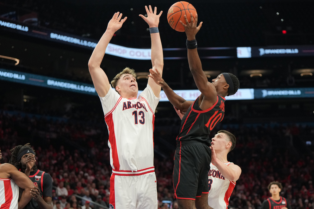 San Diego State guard BJ Davis (10) looks to shoot against Arizona center Motiejus Krivas (13) during the first half of an NCAA college basketball game, Saturday, Dec. 20, 2025, in Phoenix. (AP Photo/Rick Scuteri)