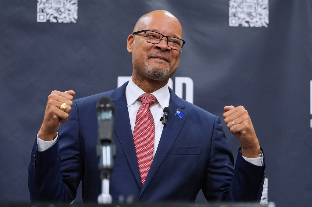 FILE - Gubernatorial candidate Aaron Ford, attorney general of Nevada, reacts during a primary election night watch party after winning the Democratic nomination, June 9, 2026, in Las Vegas. (AP Photo/Jae C. Hong, File)