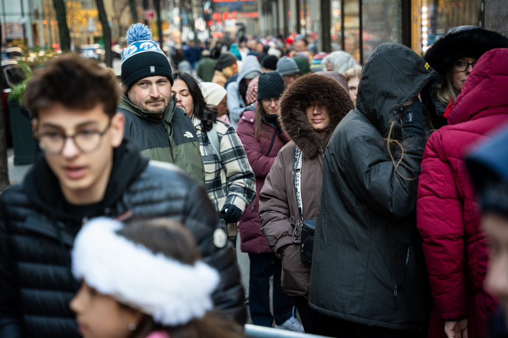 Black Friday shoppers queue to enter FAO Schwarz in New York on Friday, Nov. 28, 2025. (AP Photo/Angelina Katsanis)