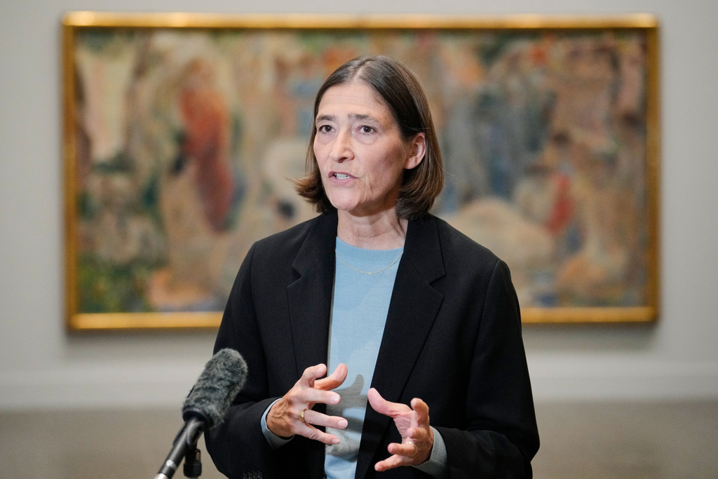 Director Susanne Gaensheimer gives an interview with The Associated Press at the new exhibition "Queer Modernism. 1900 to 1950" at the Kunstsammlung NRW museum in Duesseldorf, Germany, highlighting the contributions of queer artists to modernism. (AP Photo/Martin Meissner)