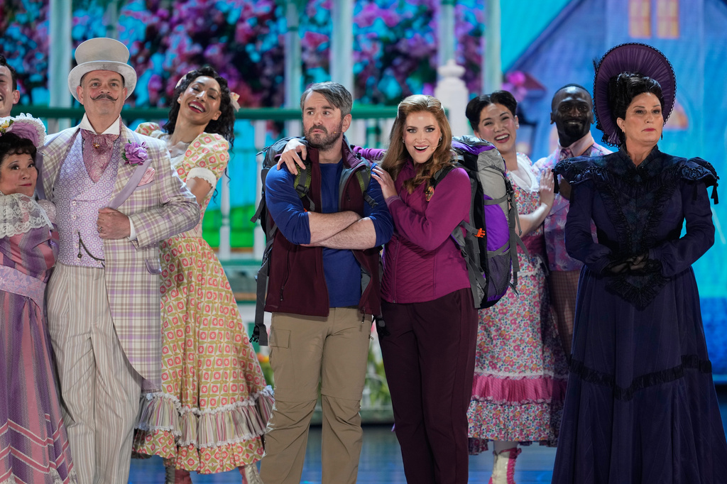 Brad Oscar, from left, Alex Brightman, Sara Chase, and Ana Gasteyer perform the title song from "Schmigadoon!" during the 79th Tony Awards on Sunday, June 7, 2026, at Radio City Music Hall in New York. (Photo by Charles Sykes/Invision/AP)