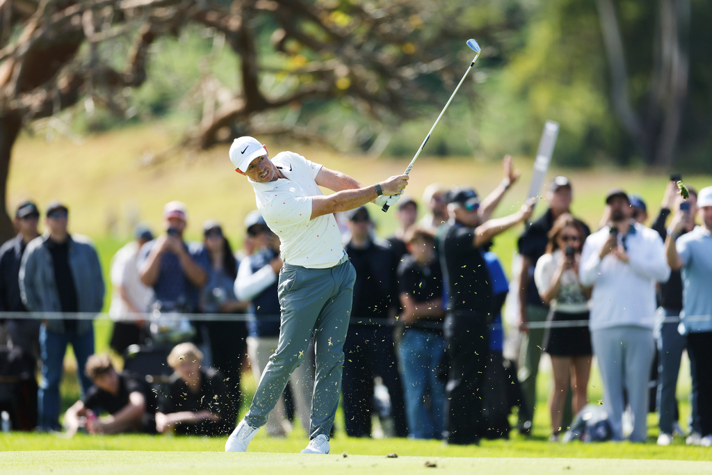 Rory McIlroy, from Northern Ireland, hits from the ninth fairway during the third round of the Genesis Invitational golf tournament at Riviera Country Club, Saturday, Feb. 21, 2026, in the Pacific Palisades area of Los Angeles. (AP Photo/Caroline Brehman )