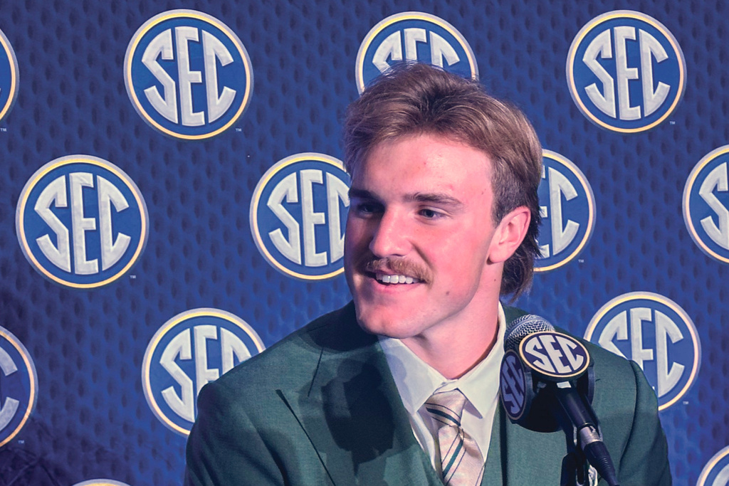 LSU linebacker Whit Weeks speaks at the Southeastern Conference NCAA college football media days, Thursday, July 23, 2026, in Tampa, Fla. (Hunter Dawkins/The Gazebo Gazette via AP)