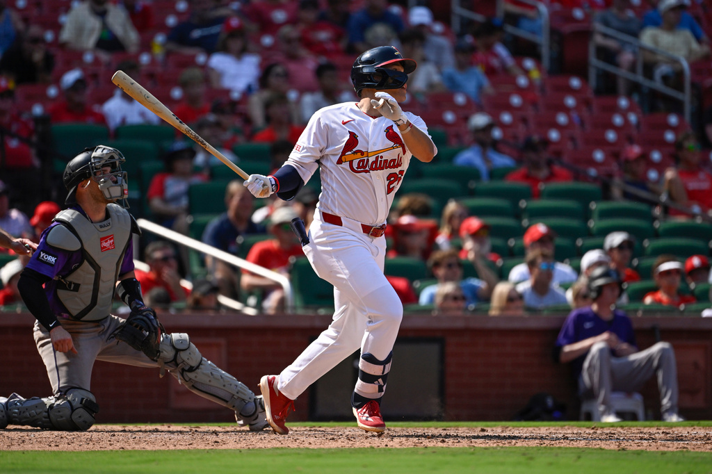 St. Louis Cardinals' JJ Wetherholt, right, watches his two-run double in front of Colorado Rockies catcher Brett Sullivan, left, in the eighth inning of a baseball game, Sunday, Aug. 9, 2026, in St. Louis. (AP Photo/Joe Puetz)