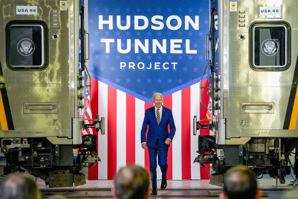 FILE - President Joe Biden arrives at the construction site of the Hudson Tunnel Project, Jan. 31, 2023, in New York. (AP Photo/John Minchillo, File)