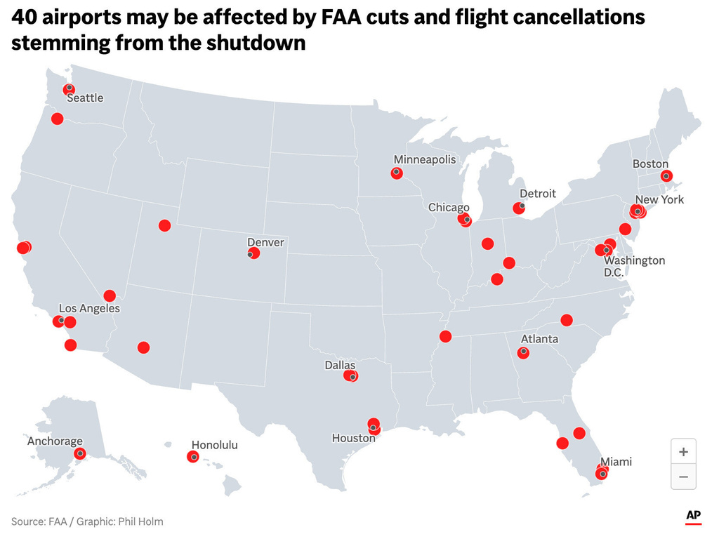 The map above shows the 40 airports that may be affected by the FAA cuts and flight cancellations caused by the ongoing government shutdown. (AP Digital Embed)