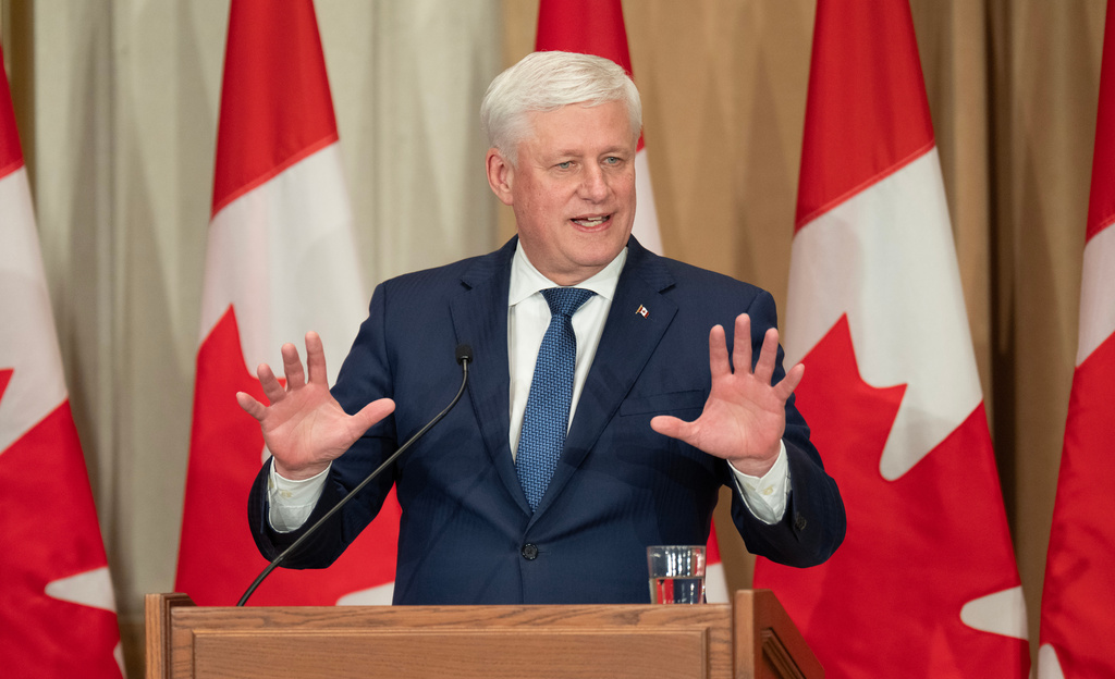 Canada's former Prime Minister Stephen Harper speaks during a ceremony for his official portrait unveiling in Ottawa, Ontario, Tuesday, Feb. 3, 2026. (Adrian Wyld/The Canadian Press via AP)