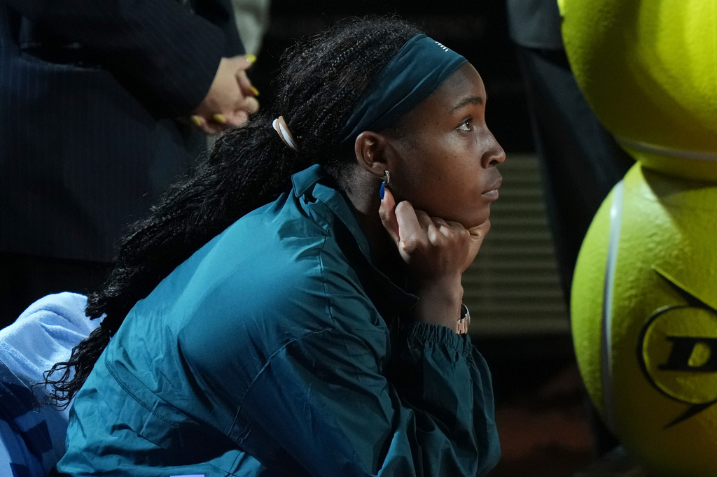 United States' Coco Gauff reacts after loosing against Ukraine's Elina Svitolina at the end of the women's final match at the Italian Open tennis tournament in Rome, Saturday, May 16, 2026. (AP Photo/Andrew Medichini)