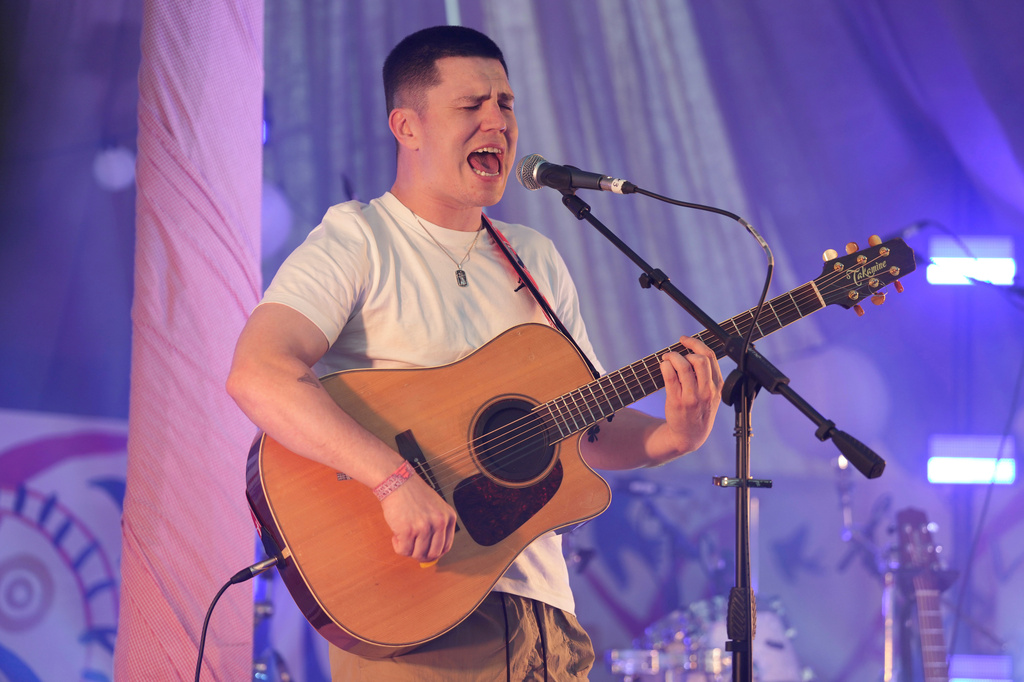 FILE - Aaron Rowe performs during the Glastonbury Festival in Worthy Farm, Somerset, England, on June 26, 2025. (Scott A Garfitt/Invision/AP, File)