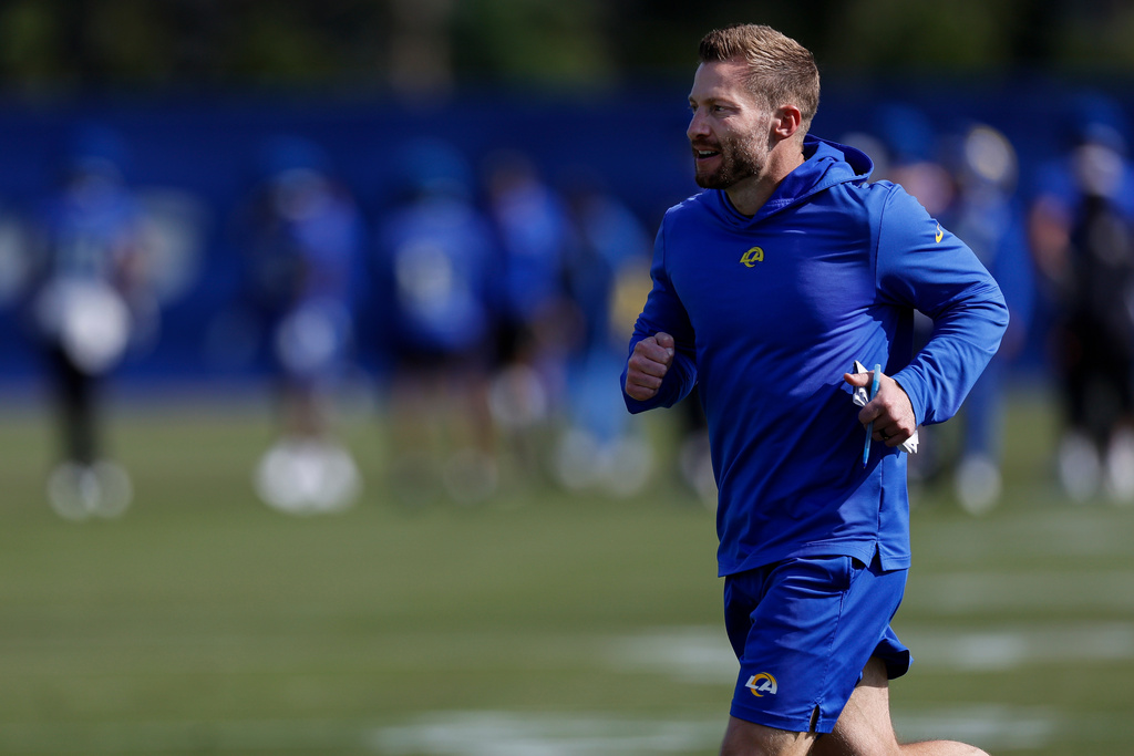 Los Angeles Rams head coach Sean McVay runs drills during practice at the team's training facility Friday, Jan. 23, 2026, in Los Angeles, ahead of the NFL football NFC Championship game against the Seattle Seahawks. (AP Photo/Caroline Brehman)