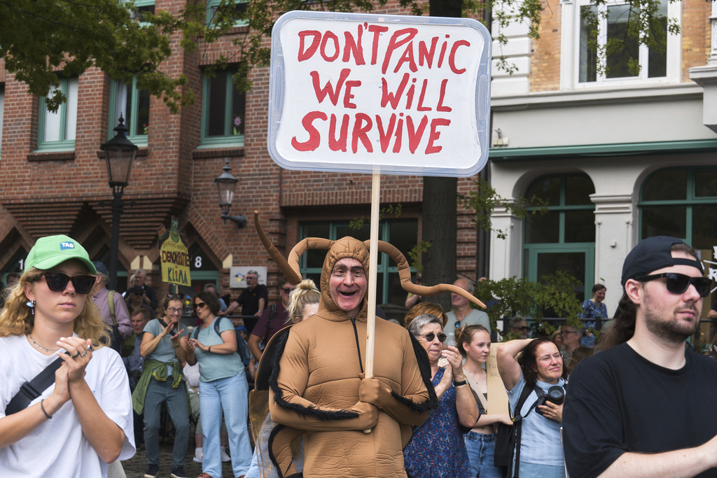 People attend a "Fridays for Future" demonstration at the fish market in Hamburg, Saturday Sept. 20, 2025, as part of an international day of action. (Marcus Golejewski/dpa via AP)