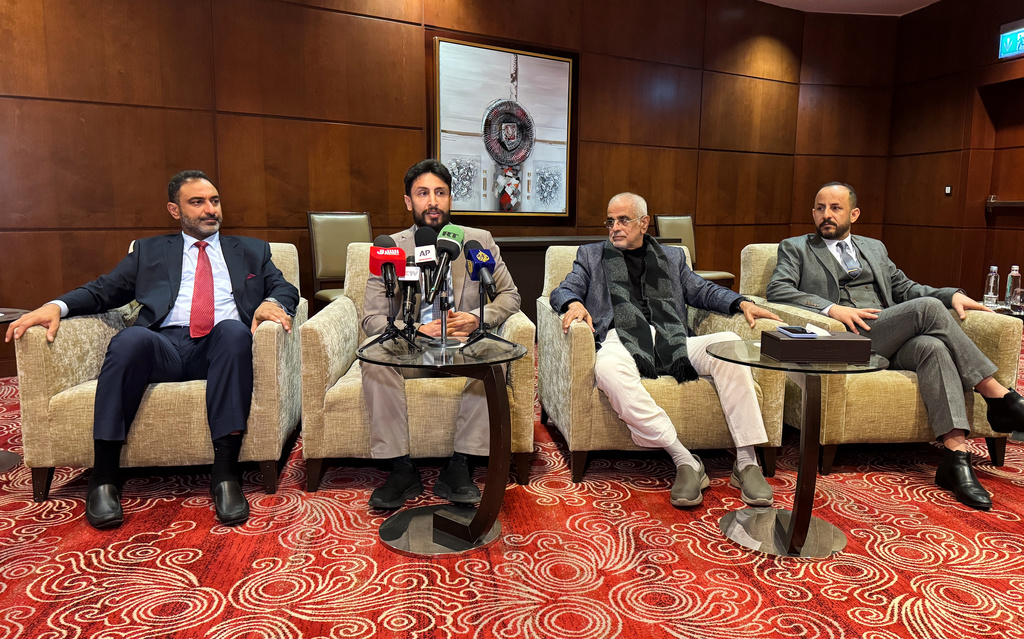 From left, Abdulaziz Aljifri, Alkhudor Suliman, Hussain Laqwer, and Ahmed Tuhaif of Yemen's Southern Transitional Council speak during a press briefing in Riyadh, Saudi Arabia, Sunday, Jan. 18, 2026. (AP Photo/Baraa Anwer)