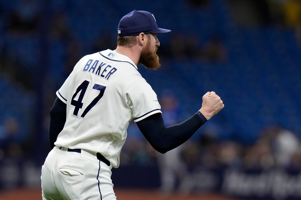 Tampa Bay Rays pitcher Bryan Baker (47) reacts after closing out the Toronto Blue Jays during a baseball game Monday, May 4, 2026, in St. Petersburg, Fla. (AP Photo/Chris O'Meara)