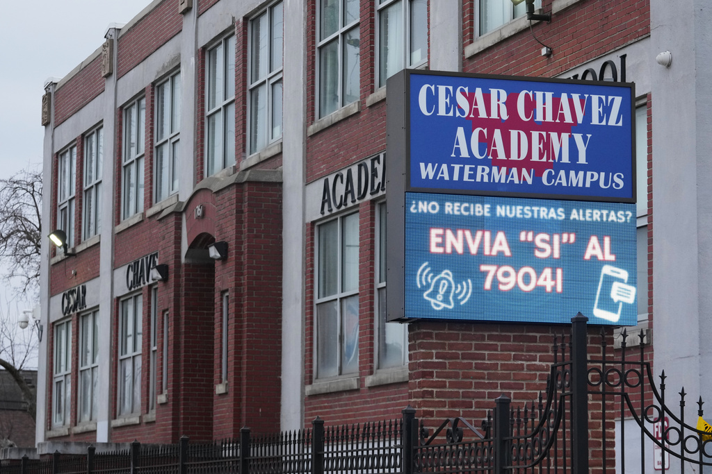 Cesar Chavez Academy is seen in Detroit, Wednesday, March 18, 2026. (AP Photo/Paul Sancya)