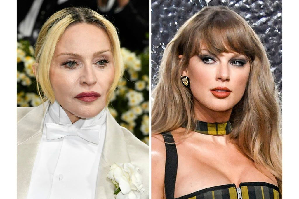 Madonna appears at The Metropolitan Museum of Art's Costume Institute benefit gala in New York on May 5, 2025, left, and Taylor Swift appears at the MTV Video Music Awards in Elmont, N.Y., on Sept. 11, 2024. (Photos by Evan Agostini/Invision/AP, File)