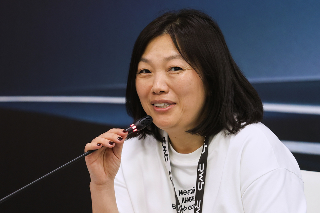 In this photo released by the Roscongress Foundation, Tatyana Kim, the owner of online retailer Wildberries, speaks on the sidelines of the Eastern Economic Forum in Vladivostok, Russia, on Saturday, Sept. 6, 2025. (Alexey Aleksandronok/Roscongress Foundation via AP)