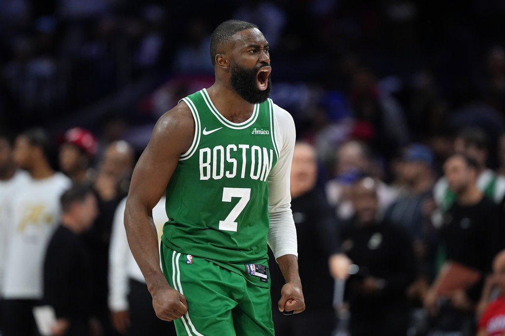 Boston Celtics' Jaylen Brown reacts during the second half of Game 3 against the Philadelphia 76ers in a first-round NBA playoffs basketball series Friday, April 24, 2026, in Philadelphia. (AP Photo/Matt Slocum)