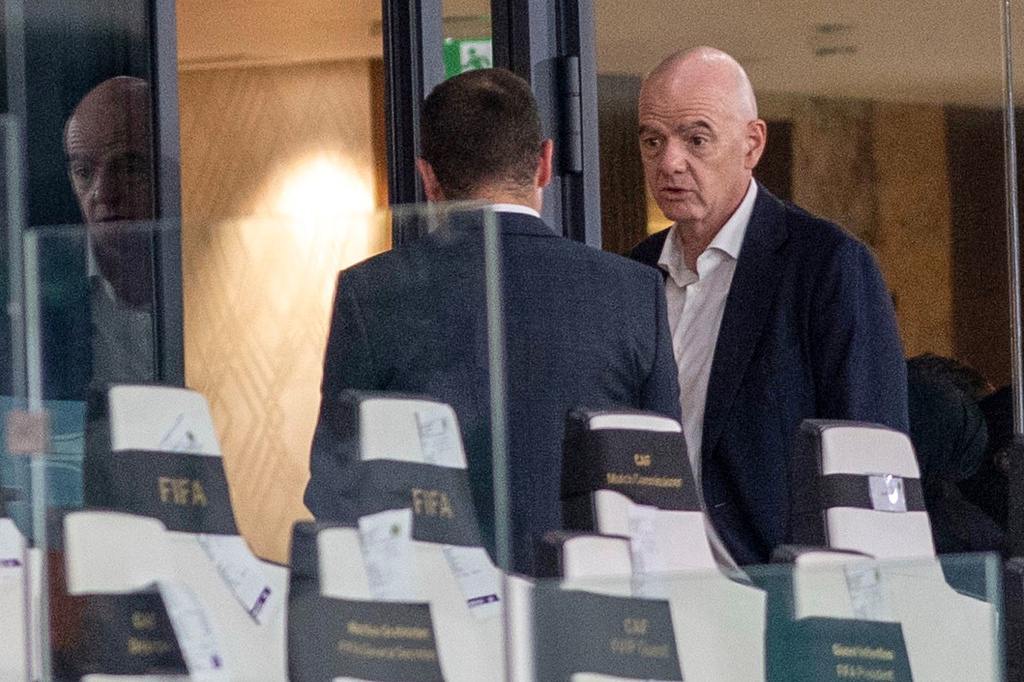 FIFA president Gianni Infantino attends a Women's AFCON 2026 soccer match between Malawi and Zambia, in Rabat, Morocco, Wednesday, Aug. 5, 2026. (AP Photo)