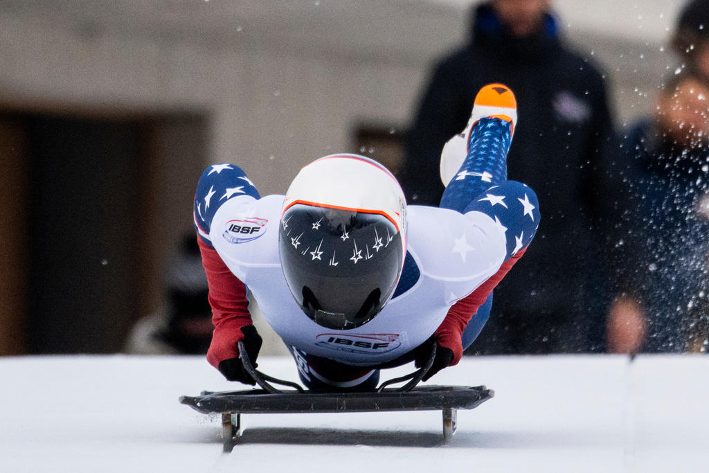 Kelly Curtis of the U.S. competes in the Women's Skeleton World Cup in St. Moritz, Switzerland, Friday, Jan. 9, 2026. (Mayk Wendt/Keystone via AP)