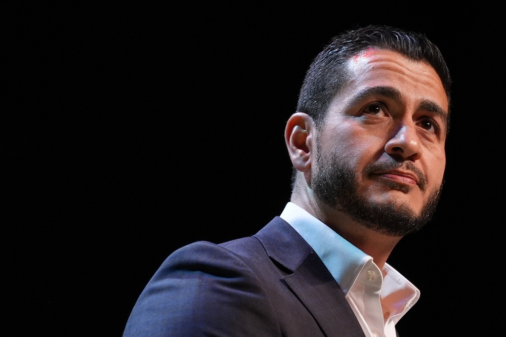 Abdul El-Sayed, a progressive candidate in the Democratic primary for U.S. Senate in Michigan, speaks during a primary election night event Wednesday, Aug. 5, 2026, at the Majestic Theatre in Detroit. (AP Photo/Julia Demaree Nikhinson)