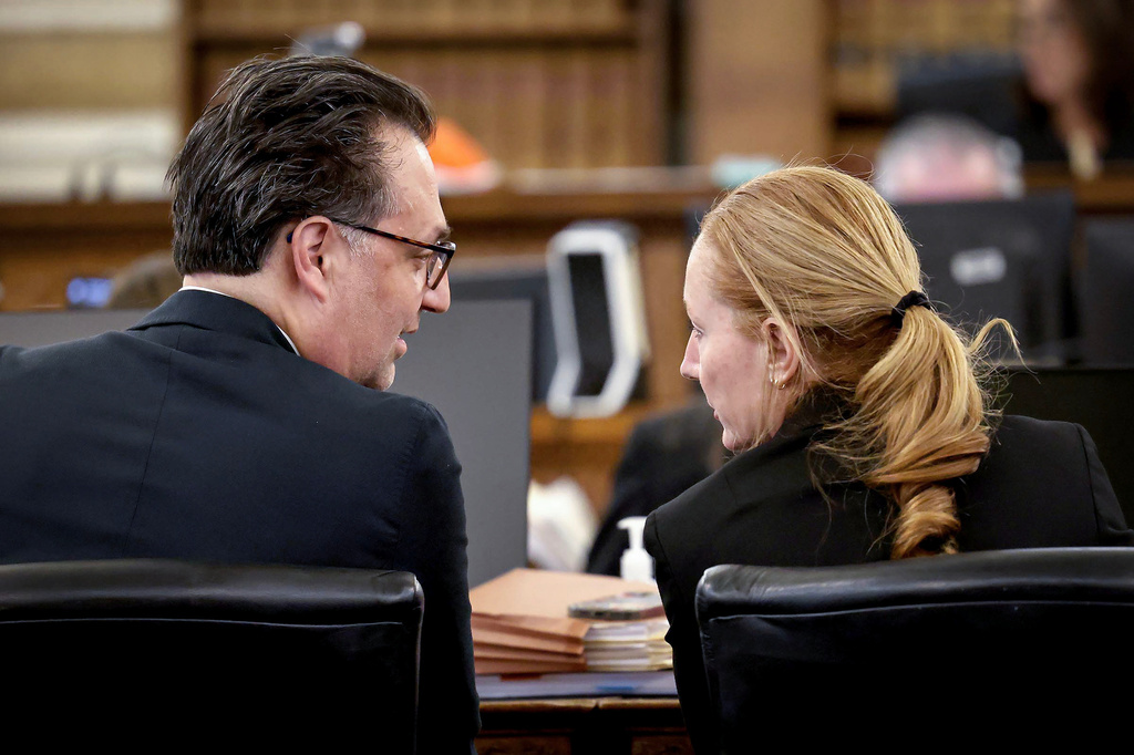 Defense attorney Kelli Porges, right, confers with her client, murder defendant Brian Walshe, in Norfolk Superior Court in Dedham, Mass., Tuesday, Nov. 18, 2025. (Mark Stockwell/Boston Herald via AP, Pool)
