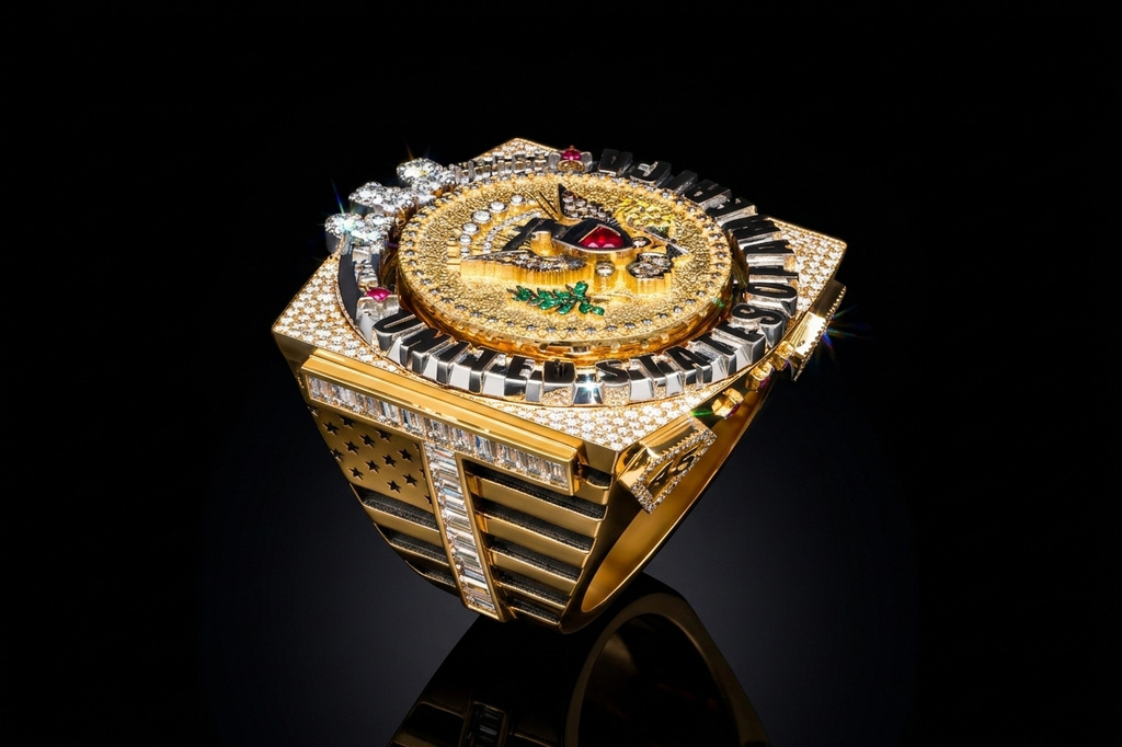 This image released on Tuesday, June 30, 2026, shows a ring designed for U.S. President Donald Trump and crafted by Antwerp diamond designer David Gotlib. (David Gotlib via AP)