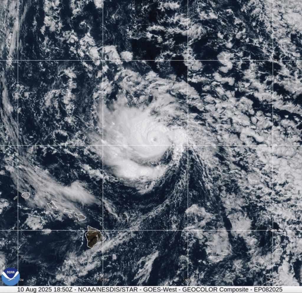 This image provided by the National Oceanic and Atmospheric Administration (NOAA) shows Tropical Storm Henriette,a on Sunday, Aug. 10, 2025. (NOAA via AP)