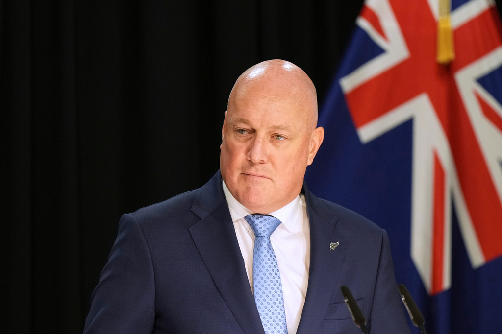 FILE - New Zealand Prime Minister Christopher Luxon announces a cabinet reshuffle at Parliament in Wellington, New Zealand, on April 2, 2026. (AP Photo/Charlotte Graham-McLay, File)