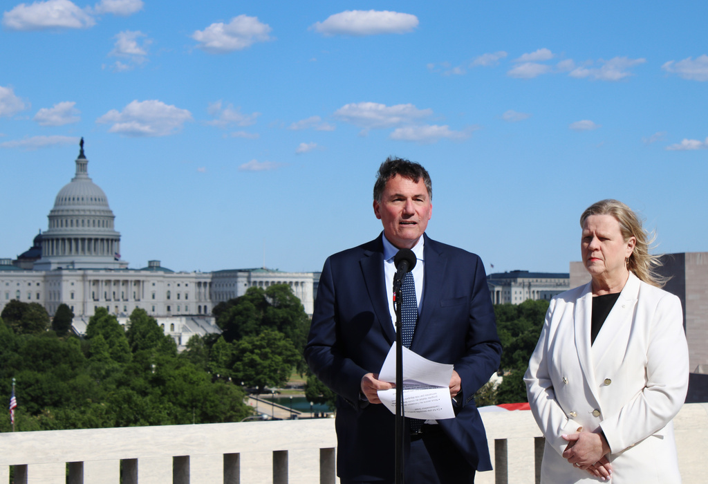 Canada-U.S. Trade Minister Dominic LeBlanc and Chief Trade Negotiator Janice Charette speak during a press conference on the roof of the Canadian Embassy in Washington, D.C., on Tuesday, June 2, 2026. (Kelly Geraldine Malone/The Canadian Press via AP)