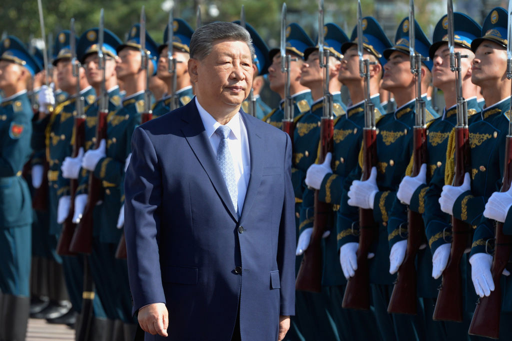 Chinese President Xi Jinping attends a welcoming ceremony at the Yntymak Ordo state residence in Bishkek, Kyrgyzstan, Monday, Aug. 31, 2026. (AP Photo/Vladimir Voronin)