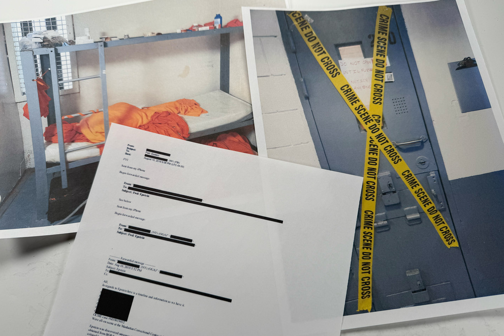 An email that was included in the U.S. Department of Justice release of the Jeffrey Epstein files is photographed Friday, Jan. 30, 2026, and shows the cell where Epstein was found unresponsive. (AP Photo/Jon Elswick)