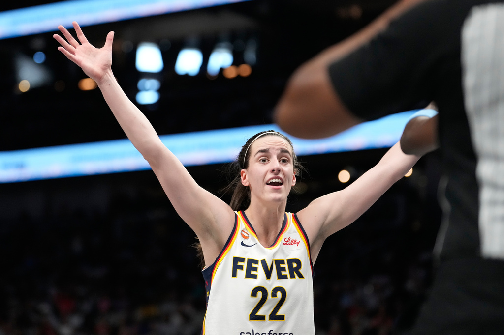 Indiana Fever guard Caitlin Clark (22) reacts in the first half of an WNBA basketball game against the Atlanta Dream Sunday, Aug. 16, 2026, in Atlanta. (AP Photo/Brynn Anderson)