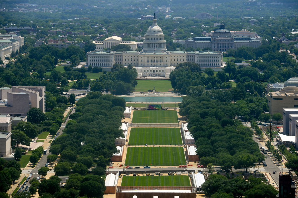 The U.S. Capitol and National Mall are seen as the set up for the America 250 celebration continues, Sunday, June 7, 2026, in Washington. (AP Photo/Rod Lamkey, Jr.)