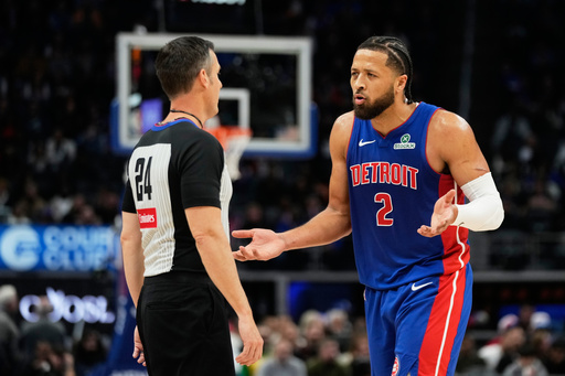 Detroit Pistons guard Cade Cunningham, right, argues with referee Kevin Scott during the first half of an NBA basketball game against the Orlando Magic Wednesday, Oct. 29, 2025, in Detroit. (AP Photo/Ryan Sun) Detroit Pistons guard Cade Cunningham, right, argues with referee Kevin Scott during the first half of an NBA basketball game against the Orlando Magic Wednesday, Oct. 29, 2025, in Detroit. (AP Photo/Ryan Sun)
