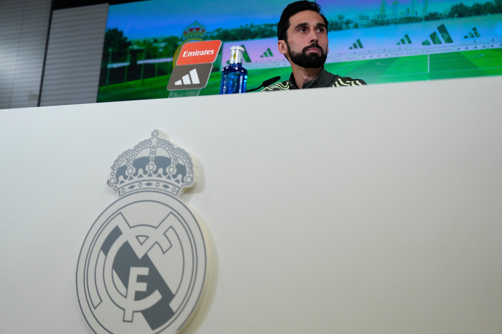 Real Madrid new coach Alvaro Arbeloa attends a press conference at the club's Valdebebas training ground in Madrid, Tuesday, Jan. 13, 2026. (AP Photo/Manu Fernandez)