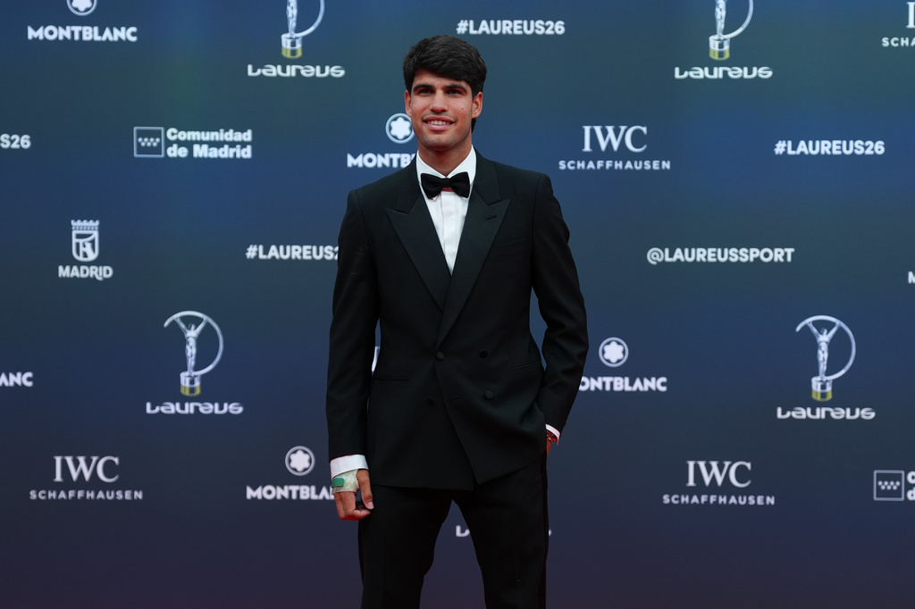 Tennis player Carlos Alcaraz poses as he arrives for the 2026 Laureus World Sports Awards ceremony in Madrid, Spain, Monday, April 20, 2026. (AP Photo/Manu Fernandez)