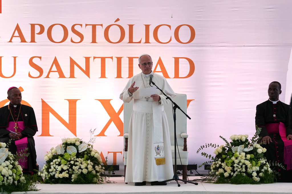 Pope Leo XIV, delivers a speech during his meeting with the staff and patients of the "Jean Pierre Olie" Psychiatric Hospital in Malabo, Equatorial Guinea, Tuesday, April 21, 2026. (AP Photo/Misper Apawu)