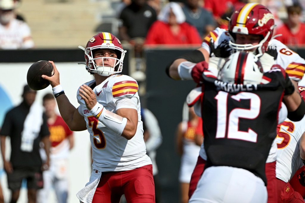 Iowa State quarterback Rocco Becht (3) drops back to pass against Arkansas State during an NCAA college football game Saturday, Sept. 13, 2025, in Jonesboro, Ark. (AP Photo/Michael Woods)