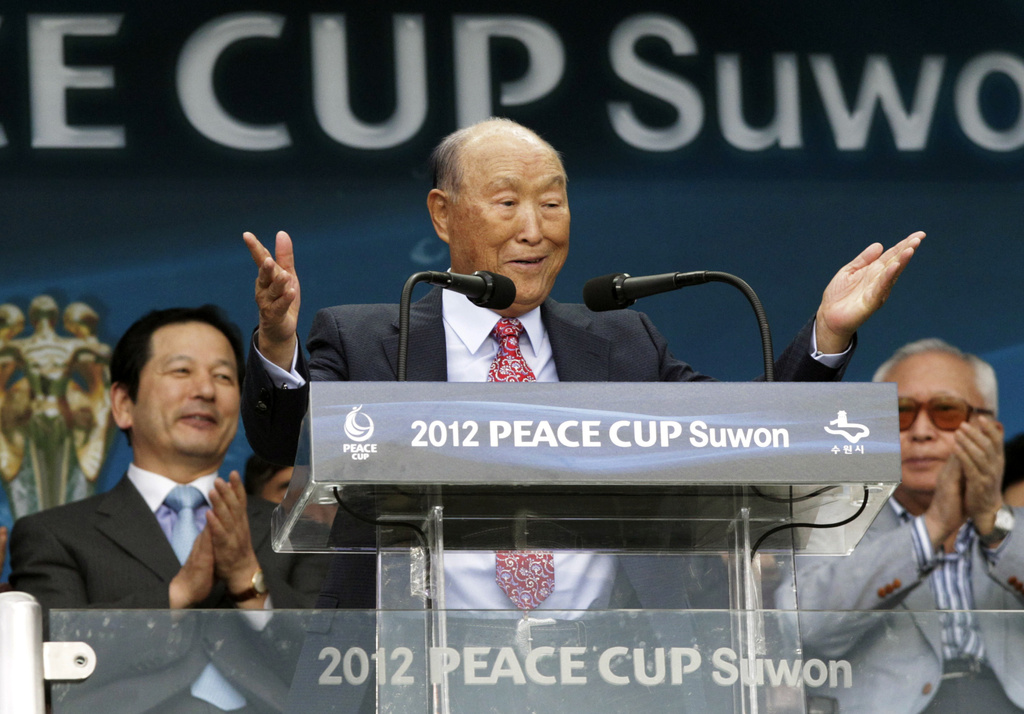 FILE - Rev. Sun Myung Moon, the controversial founder of the Unification Church, speaks during the opening ceremony of the 2012 Peace Cup Suwon at Suwon World Cup Stadium in Suwon, South Korea, on July 19, 2012. (AP Photo/Ahn Young-joon, File)