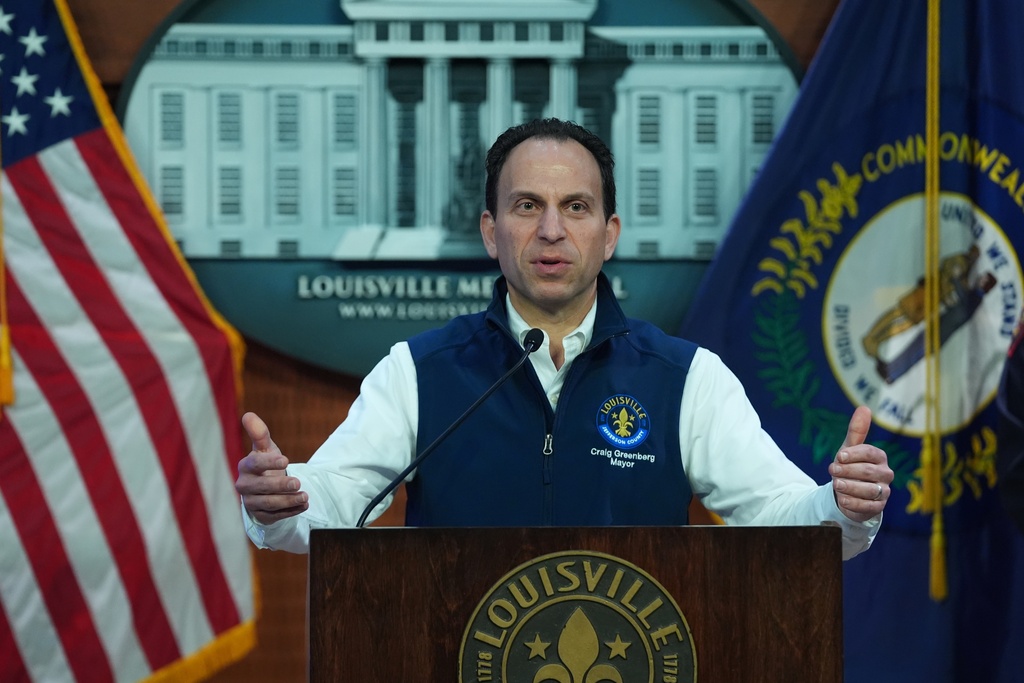 Louisville Mayor Craig Greenberg speaks about the crash of UPS Flight 2976 at Louisville Muhammad Ali International Airport, Thursday, Nov. 6, 2025, in Louisville, Ky.. (AP Photo/Darron Cummings)