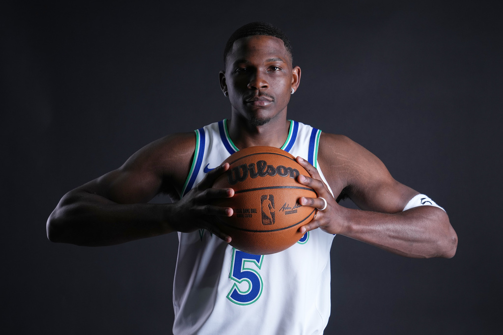 Minnesota Timberwolves guard Anthony Edwards poses for a photo during the NBA basketball team's media day, Monday, Sept. 28, 2026, in Minneapolis. (AP Photo/Abbie Parr)